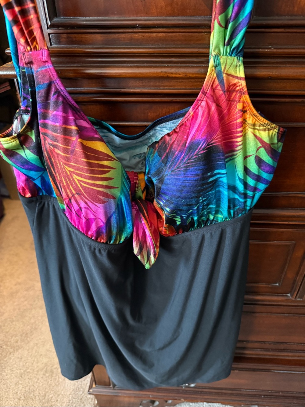 Multicolor Tropical Tie-Front One-Piece Swimdress in Black Size 22